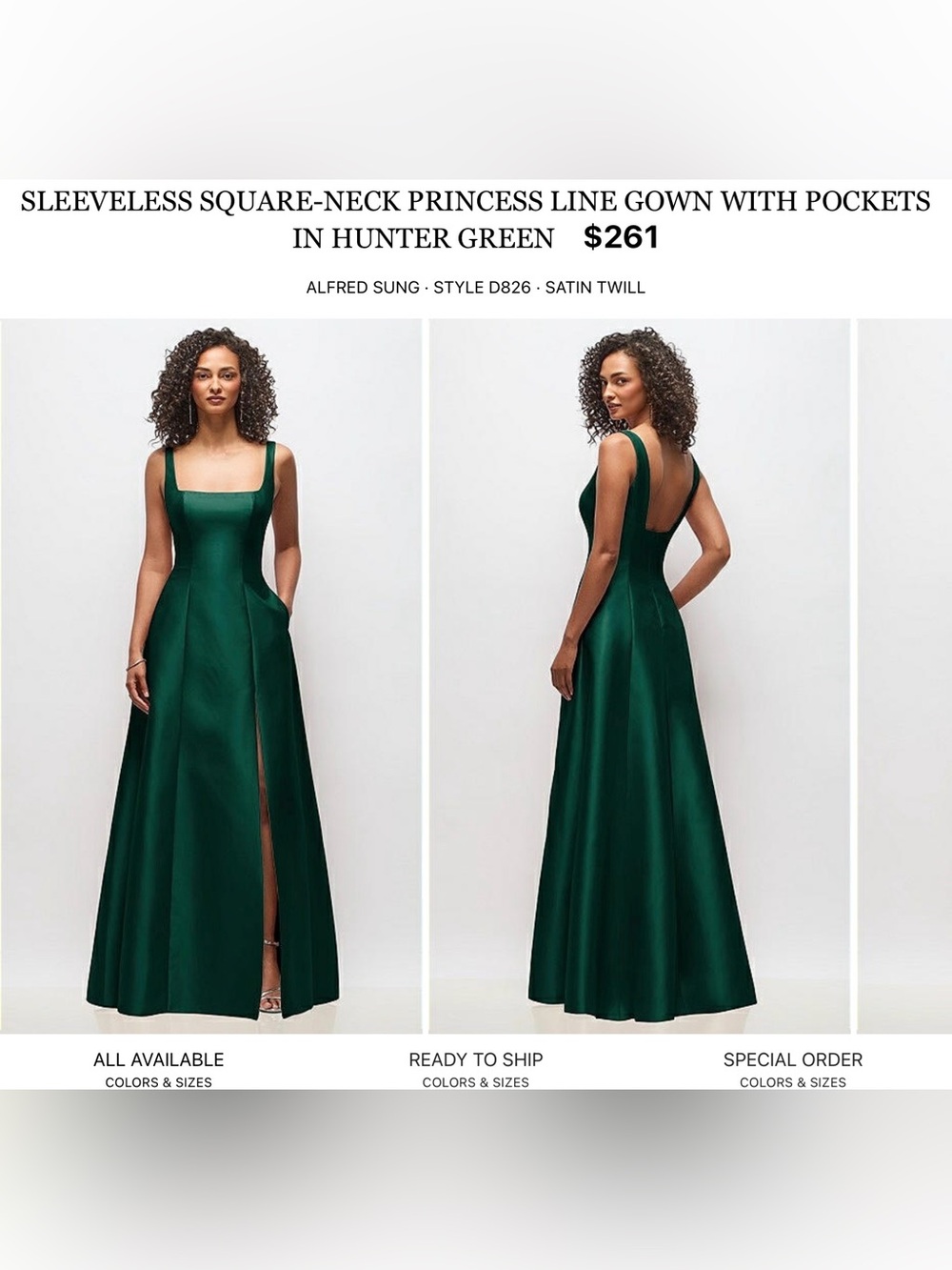 ALFRED SUNG Hunter Green Sleeveless Square-Neck Princess Gown